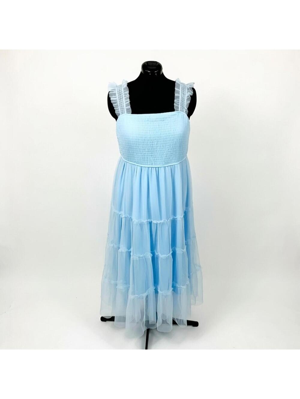 Pretty Garden Light Blue Midi Tulle Smocked Square Neck Ruffle Sundress(XXL)